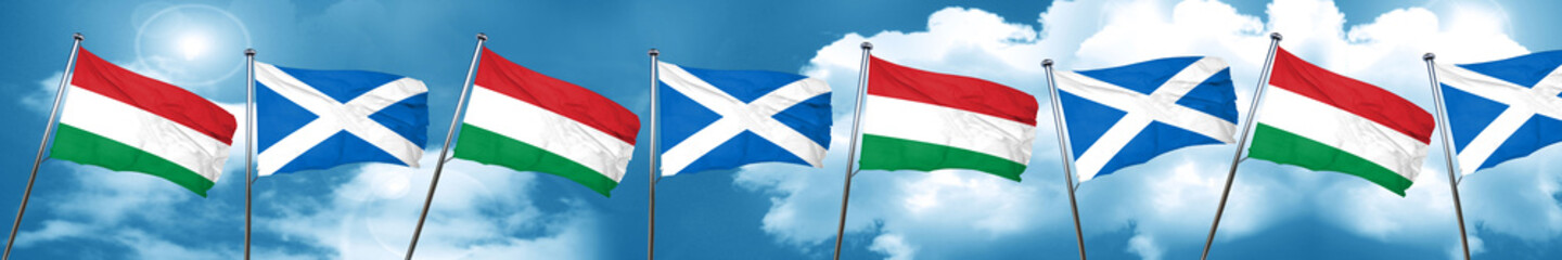 Fototapeta na wymiar Hungary flag with Scotland flag, 3D rendering