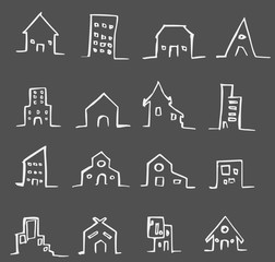 Collection hand drawn houses on chalkboard background.