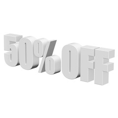 50 percent off letters on white background. 3d render isolated.