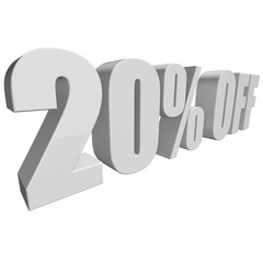 20 percent off letters on white background. 3d render isolated.