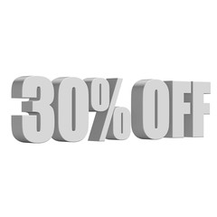 30 percent off letters on white background. 3d render isolated.