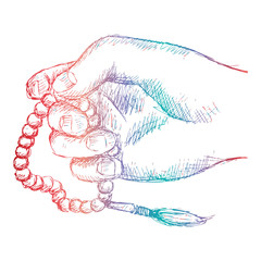 Hand holding a Muslim rosary. Sketchy style illustration.