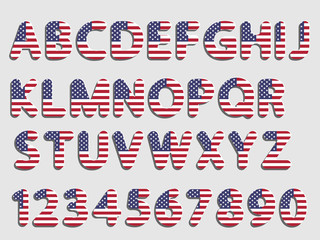 flat vector rounded American flag font alphabet letters and numerals with shadow and white glow like new paper effect design