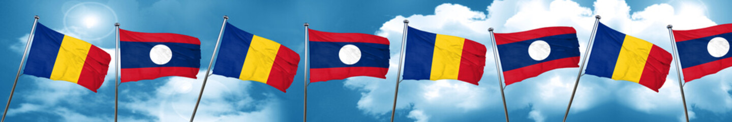 Romania flag with Laos flag, 3D rendering