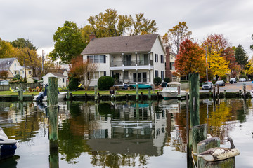 Fototapeta na wymiar Autumn Color the Chesapeake Bay Shore and Harbor in St Michaels