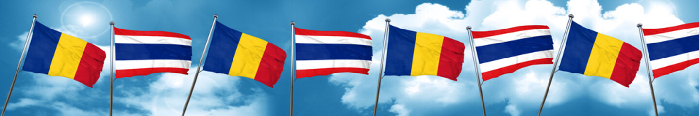 Romania flag with Thailand flag, 3D rendering