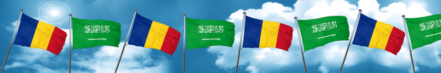 Romania flag with Saudi Arabia flag, 3D rendering