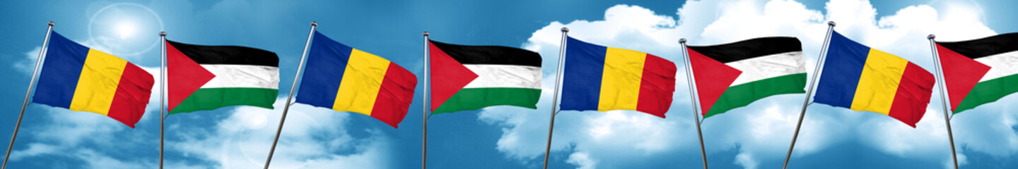 Romania flag with Palestine flag, 3D rendering