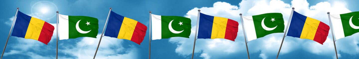 Romania flag with Pakistan flag, 3D rendering