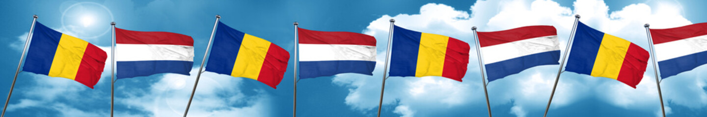 Romania flag with Netherlands flag, 3D rendering