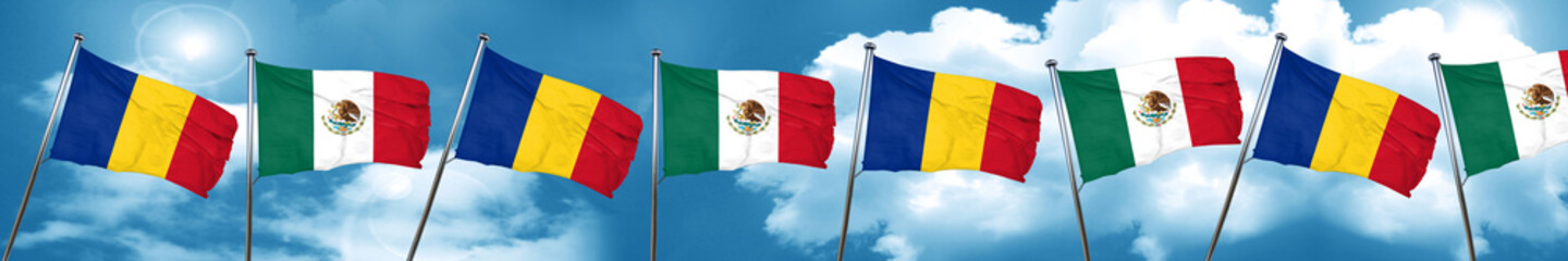 Romania flag with Mexico flag, 3D rendering