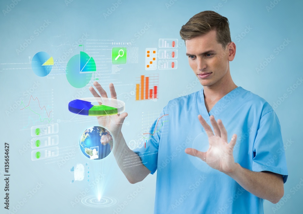 Poster doctor using digital interface with graph icon