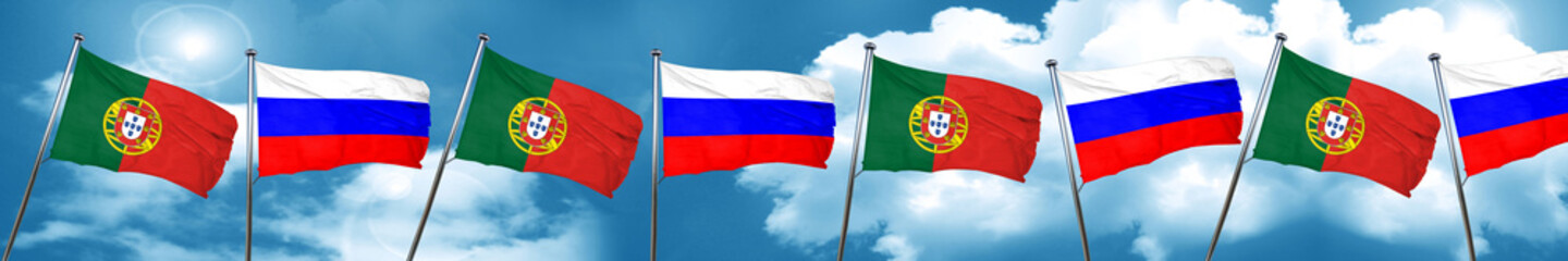 Portugal flag with Russia flag, 3D rendering