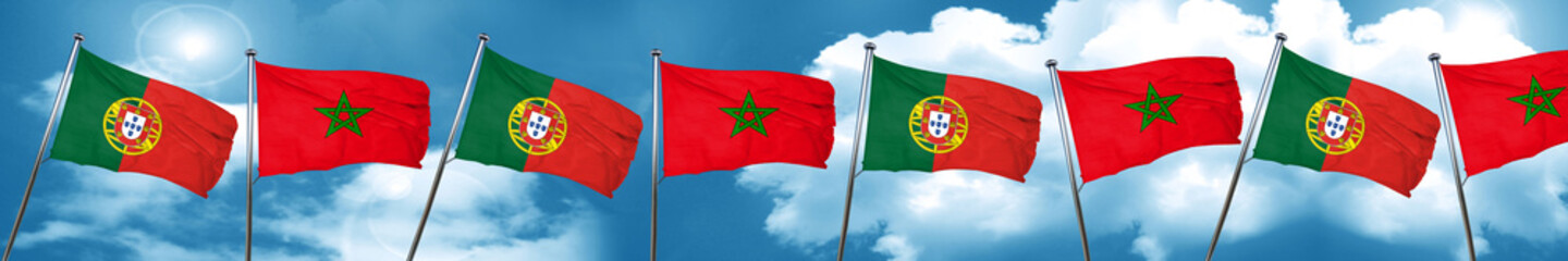 Portugal flag with Morocco flag, 3D rendering