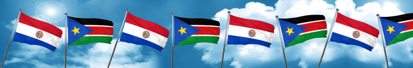 Paraguay flag with South Sudan flag, 3D rendering