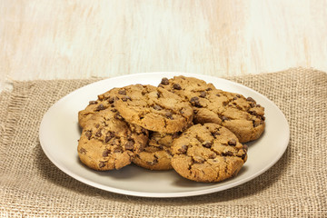 Chocolate chips cookies on plate with copyspace