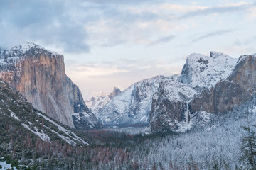 El Capitan and Half Dome  from Tunnel View in a Pastel colored sunset viewed from Tunnel View