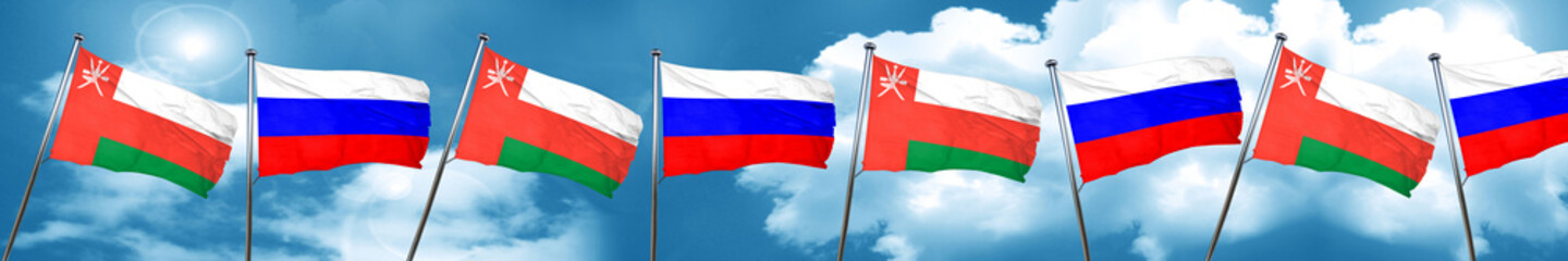 Oman flag with Russia flag, 3D rendering