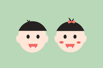 Obraz na płótnie Canvas baby boy and girl smiling and show first teeth, dental cartoon vector