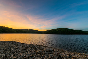 Colorful Sunset reflecting in Long Pine Reservoir in Michaux Sta