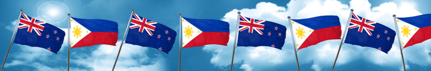 New zealand flag with Philippines flag, 3D rendering