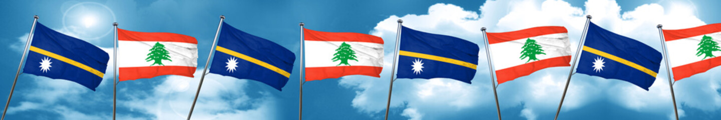 Nauru flag with Lebanon flag, 3D rendering