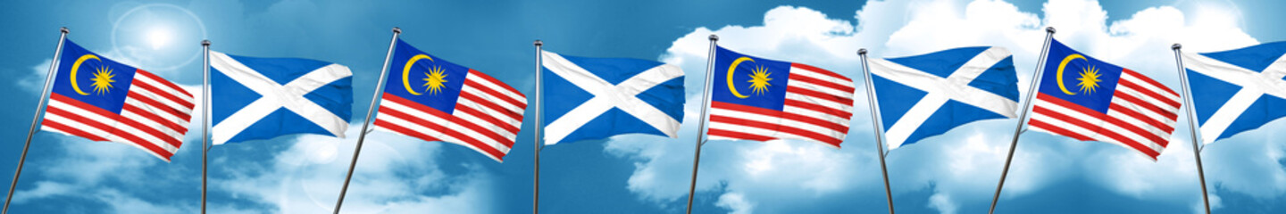Malaysia flag with Scotland flag, 3D rendering