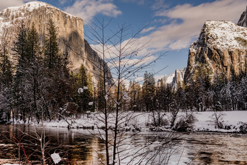 Afternoon view of El Capitan and Yosemite Valley from BValley View after a winter snow storm in...