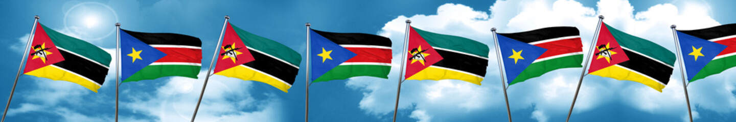 Mozambique flag with South Sudan flag, 3D rendering