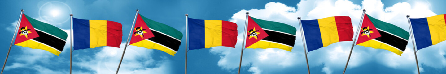 Mozambique flag with Romania flag, 3D rendering