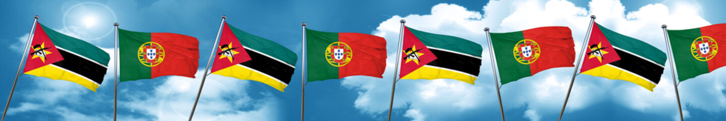 Mozambique flag with Portugal flag, 3D rendering