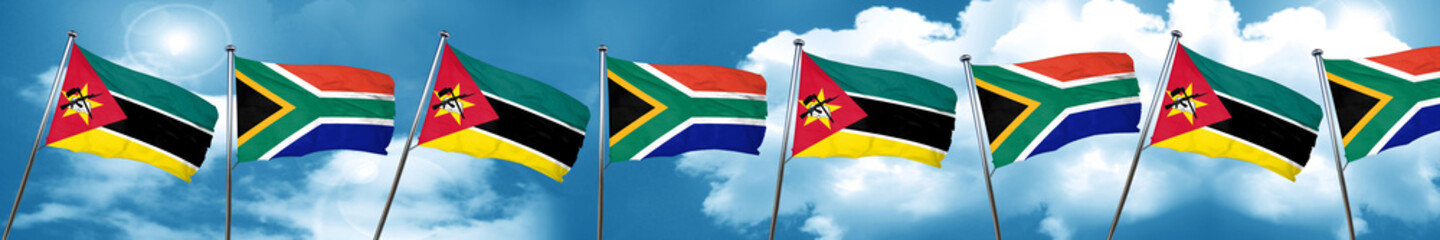 Mozambique flag with South Africa flag, 3D rendering