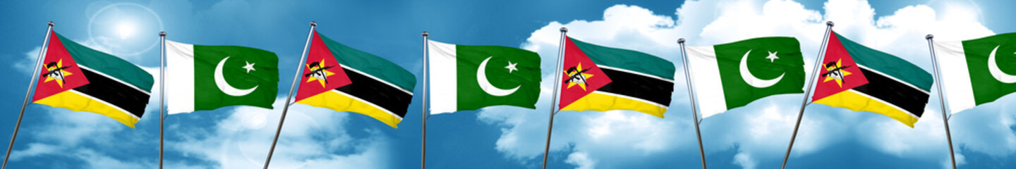 Mozambique flag with Pakistan flag, 3D rendering