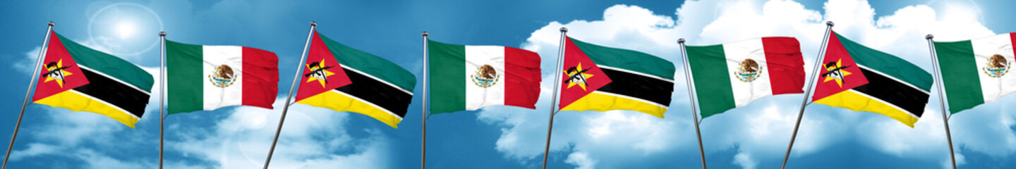 Mozambique flag with Mexico flag, 3D rendering