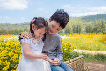 Young Asian boy is comforting his crying sister in park