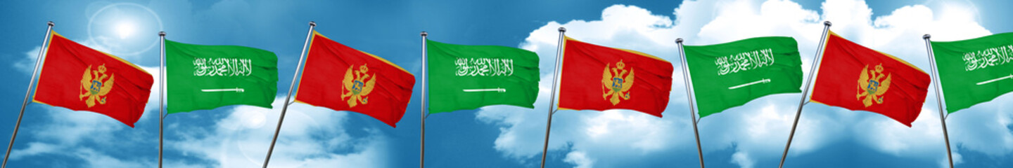 Montenegro flag with Saudi Arabia flag, 3D rendering