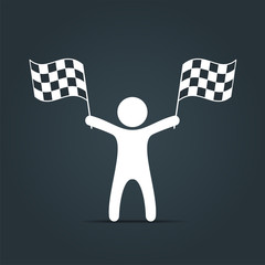 Man with checkered flag icon. Man holding flag. Vector isolated