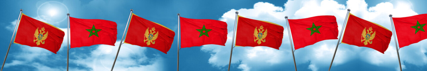 Montenegro flag with Morocco flag, 3D rendering