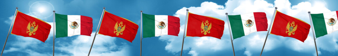 Montenegro flag with Mexico flag, 3D rendering