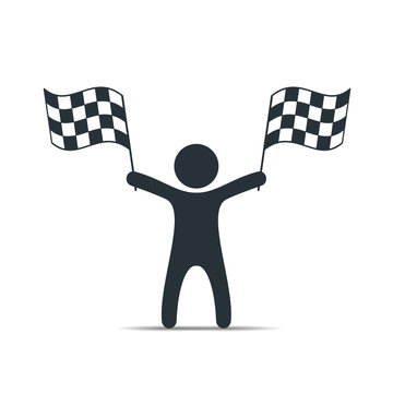 Man with checkered flag icon. Man holding flag. Vector isolated