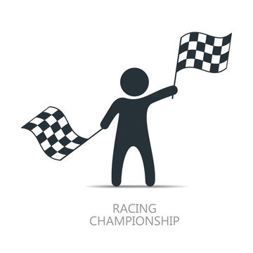Man with checkered flag icon. Man holding flag. Vector isolated