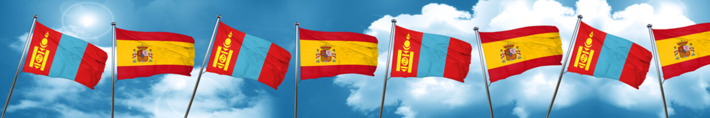 Mongolia flag with Spain flag, 3D rendering