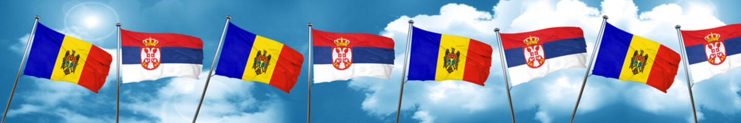 Moldova flag with Serbia flag, 3D rendering