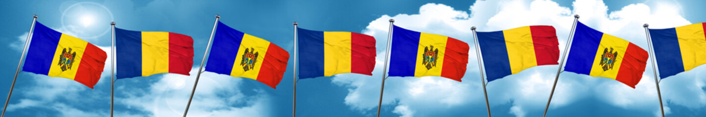 Moldova flag with Romania flag, 3D rendering