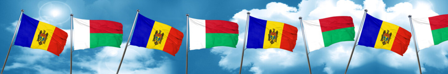 Moldova flag with Madagascar flag, 3D rendering