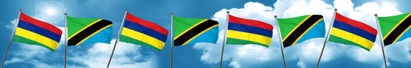 Mauritius flag with Tanzania flag, 3D rendering