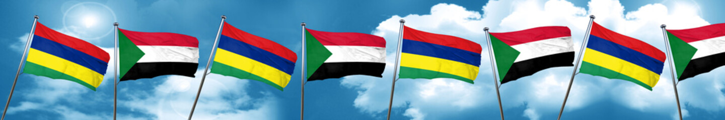 Mauritius flag with Sudan flag, 3D rendering