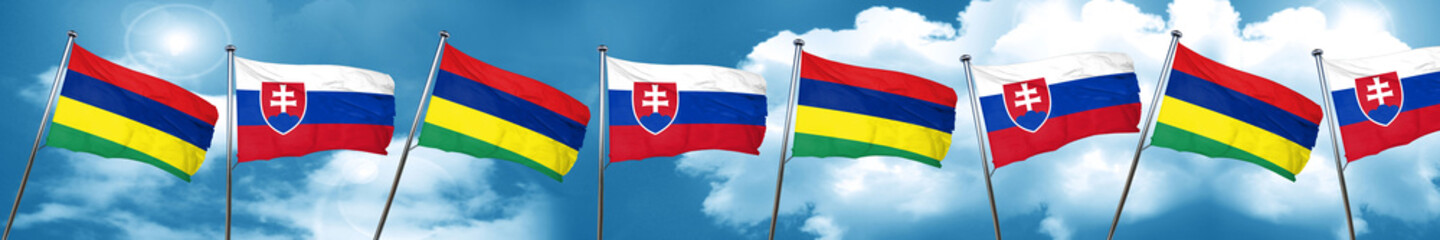 Mauritius flag with Slovakia flag, 3D rendering