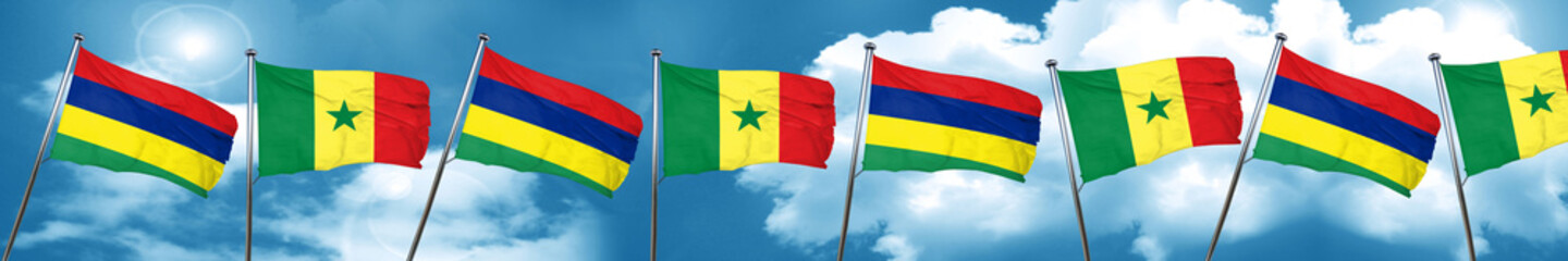 Mauritius flag with Senegal flag, 3D rendering