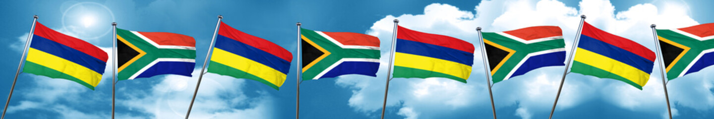 Mauritius flag with South Africa flag, 3D rendering